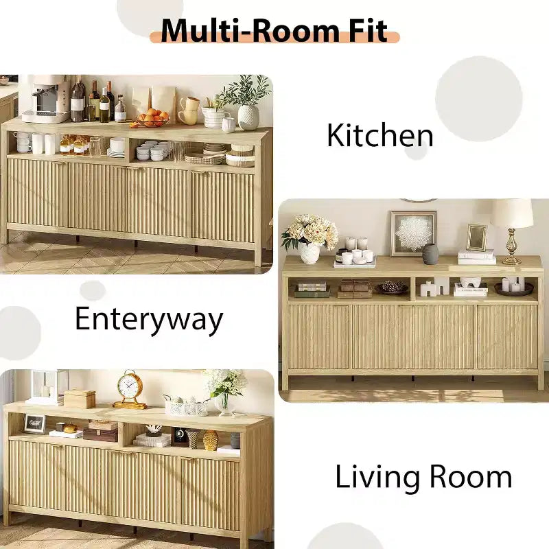 65,8 Buffet de salle à manger/salon avec 4 portes de rangement et finition cannelée