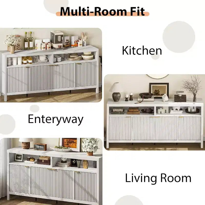 65,8 Buffet de salle à manger/salon avec 4 portes de rangement et finition cannelée
