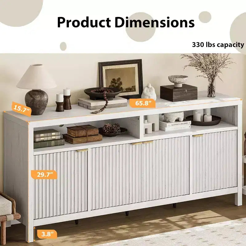 65,8 Buffet de salle à manger/salon avec 4 portes de rangement et finition cannelée