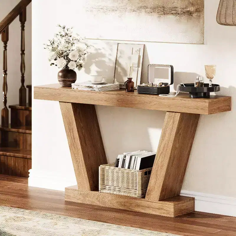 Table console, table étroite de style rustique à 2 niveaux derrière le canapé, extra-longue, table d'appoint pour couloir, entrée, salon