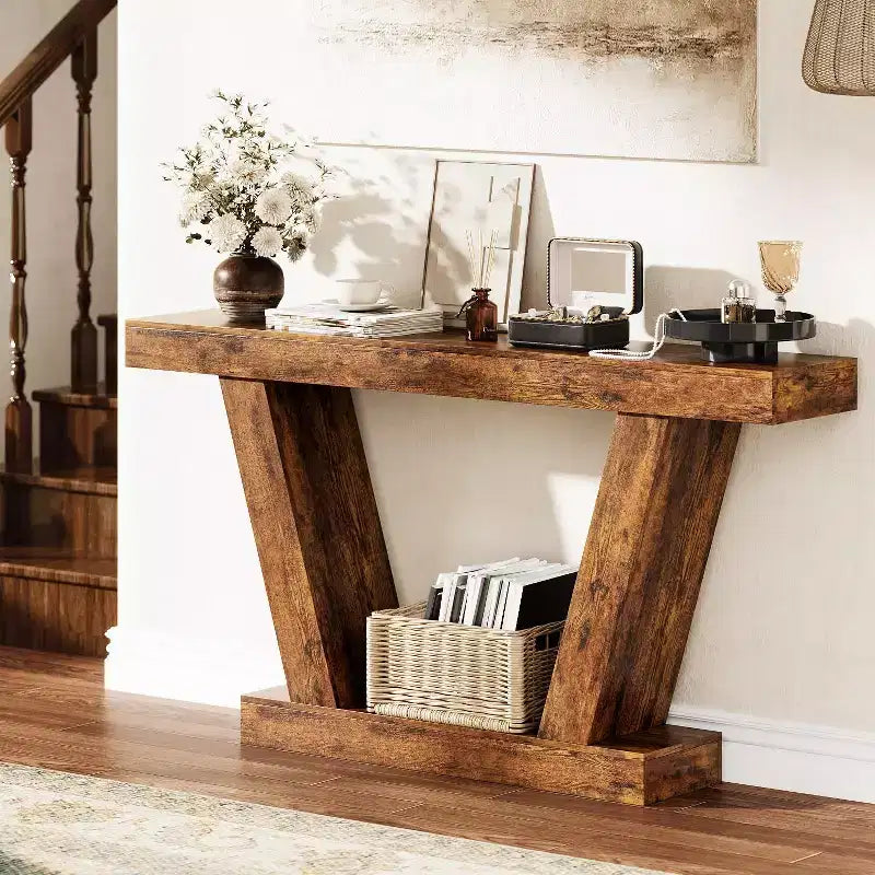 Table console, table étroite de style rustique à 2 niveaux derrière le canapé, extra-longue, table d'appoint pour couloir, entrée, salon