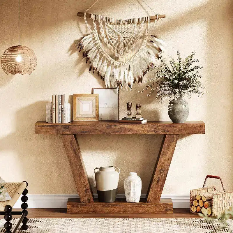 Table console, table étroite de style rustique à 2 niveaux derrière le canapé, extra-longue, table d'appoint pour couloir, entrée, salon