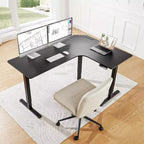 Bureau debout en L à deux moteurs HUANUO 63, réglable en hauteur électriquement, prises de courant intégrées, bureau assis-debout, noir