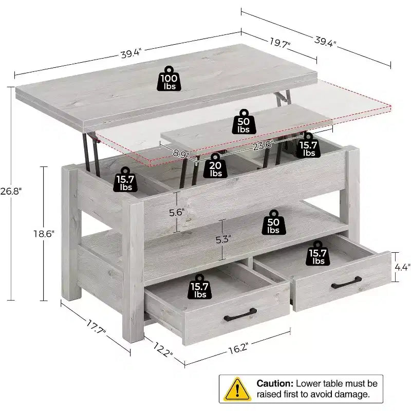 Table basse relevable Summit Adventure 47.2 - 2 tiroirs et rangement dissimulé, plateau en bois rétro pour salon - Gris