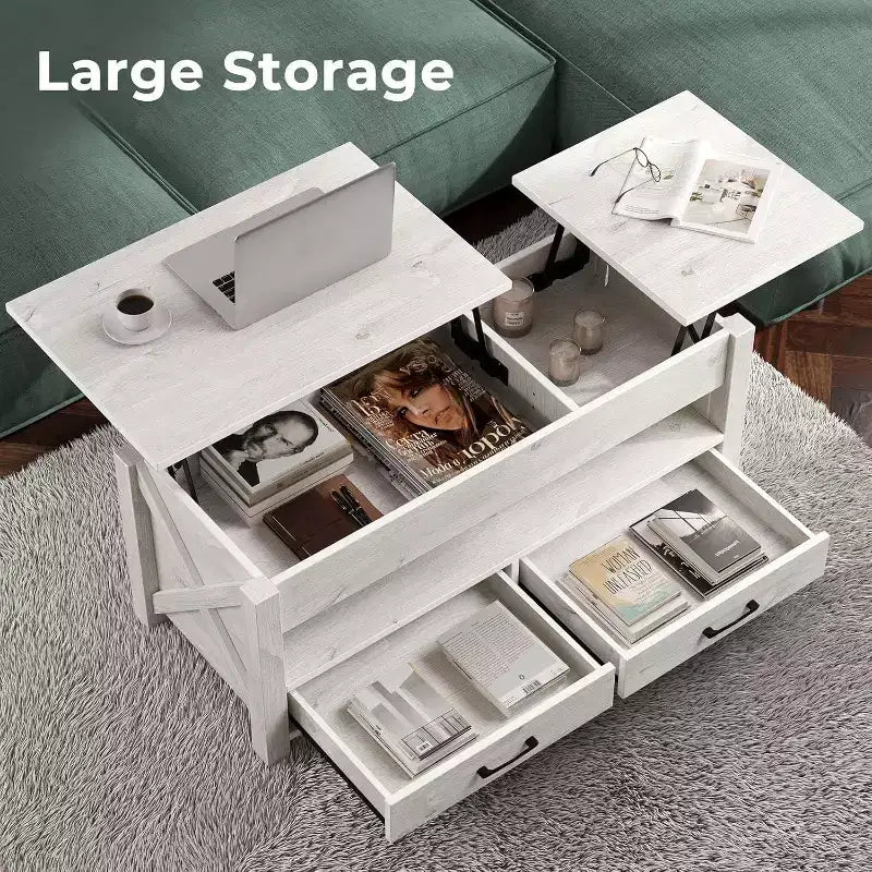 Table basse relevable Summit Adventure 47.2 - 2 tiroirs et rangement dissimulé, plateau en bois rétro pour salon - Gris