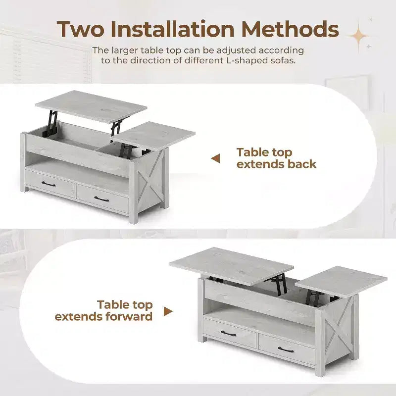 Table basse relevable Summit Adventure 47.2 - 2 tiroirs et rangement dissimulé, plateau en bois rétro pour salon - Gris