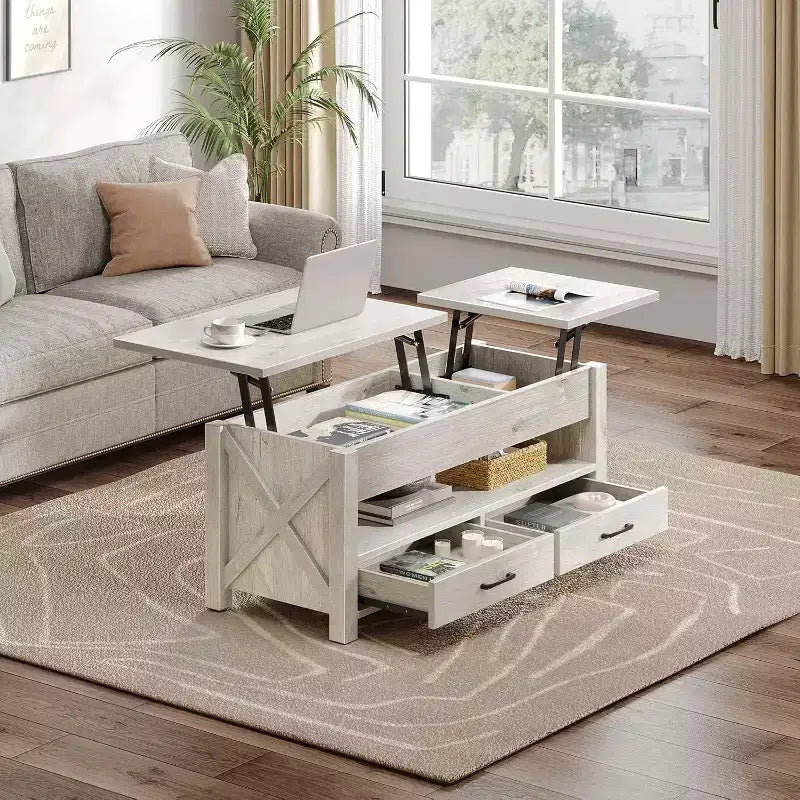 Table basse relevable Summit Adventure 47.2 - 2 tiroirs et rangement dissimulé, plateau en bois rétro pour salon - Gris