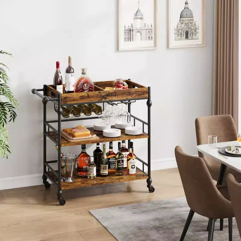 Desserte de bar TROPOW, Desserte de bar pour la maison, Desserte de bar à 3 niveaux avec roulettes, Bar à domicile portable et dessertes de service, Chariot roulant
