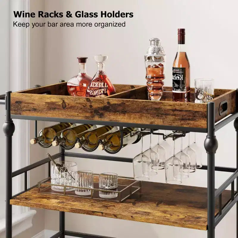 Desserte de bar TROPOW, Desserte de bar pour la maison, Desserte de bar à 3 niveaux avec roulettes, Bar à domicile portable et dessertes de service, Chariot roulant