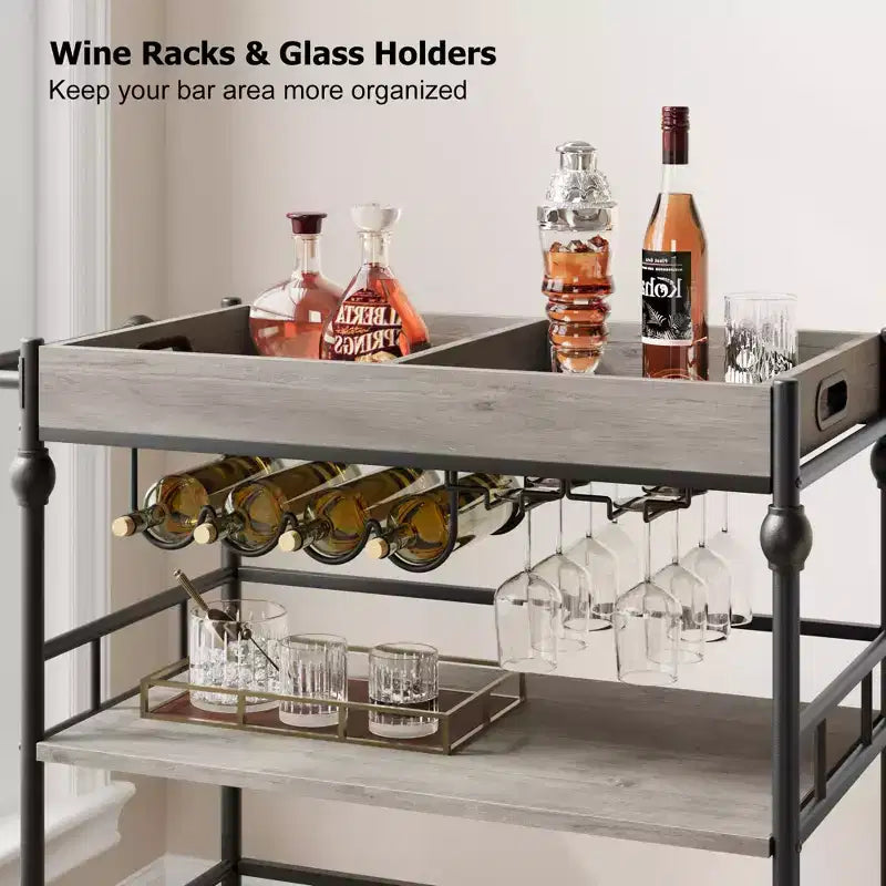Desserte de bar TROPOW, Desserte de bar pour la maison, Desserte de bar à 3 niveaux avec roulettes, Bar à domicile portable et dessertes de service, Chariot roulant