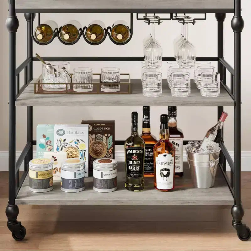 Desserte de bar TROPOW, Desserte de bar pour la maison, Desserte de bar à 3 niveaux avec roulettes, Bar à domicile portable et dessertes de service, Chariot roulant
