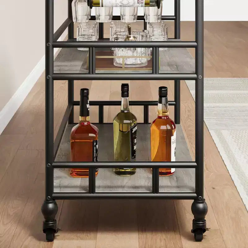 Desserte de bar TROPOW, Desserte de bar pour la maison, Desserte de bar à 3 niveaux avec roulettes, Bar à domicile portable et dessertes de service, Chariot roulant