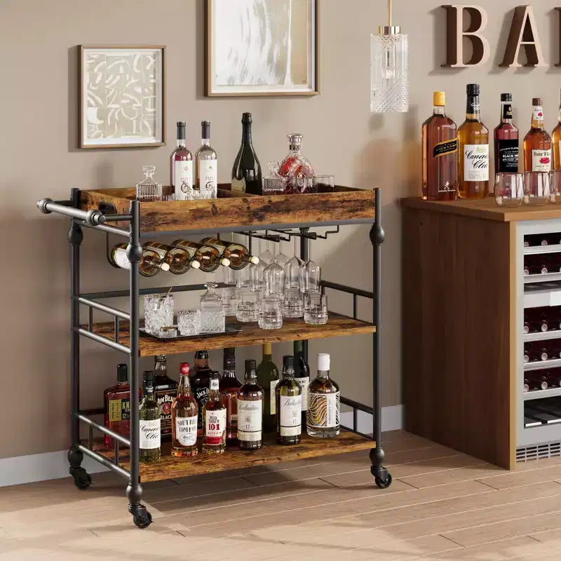 Desserte de bar TROPOW, Desserte de bar pour la maison, Desserte de bar à 3 niveaux avec roulettes, Bar à domicile portable et dessertes de service, Chariot roulant