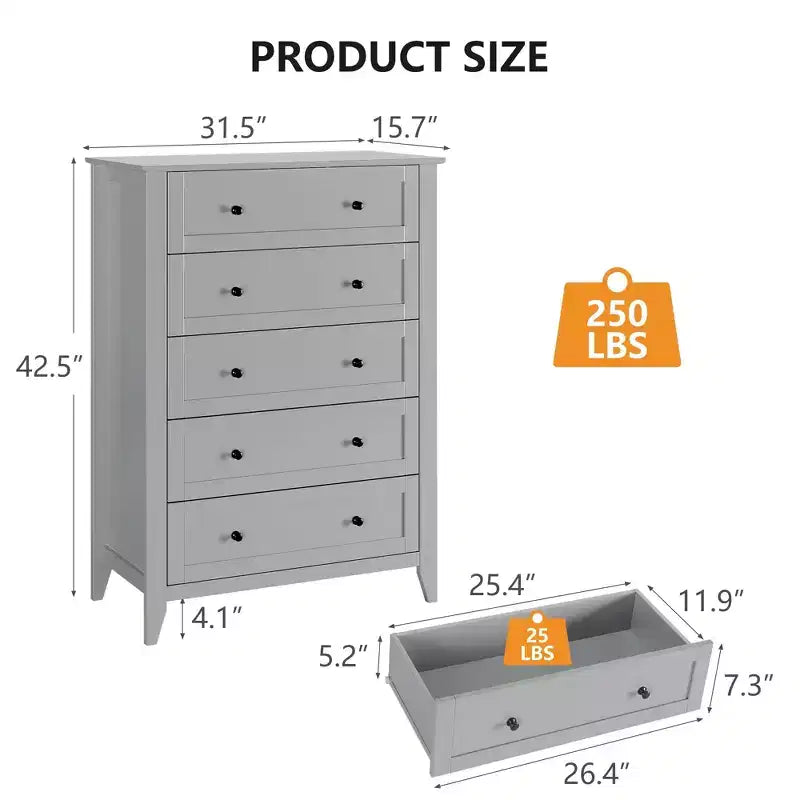 Commode GustoWave 5 tiroirs, organisateur de rangement en bois avec tiroirs pour chambre, salon, entrée, gris