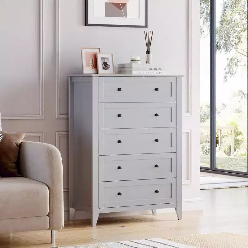 Commode GustoWave 5 tiroirs, organisateur de rangement en bois avec tiroirs pour chambre, salon, entrée, gris