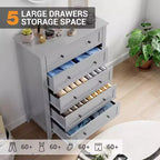 Commode GustoWave 5 tiroirs, organisateur de rangement en bois avec tiroirs pour chambre, salon, entrée, gris