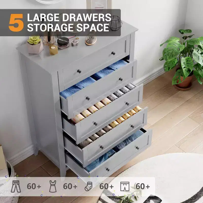 Commode GustoWave 5 tiroirs, organisateur de rangement en bois avec tiroirs pour chambre, salon, entrée, gris