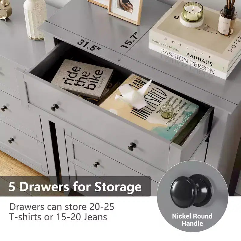 Commode GustoWave 5 tiroirs, organisateur de rangement en bois avec tiroirs pour chambre, salon, entrée, gris