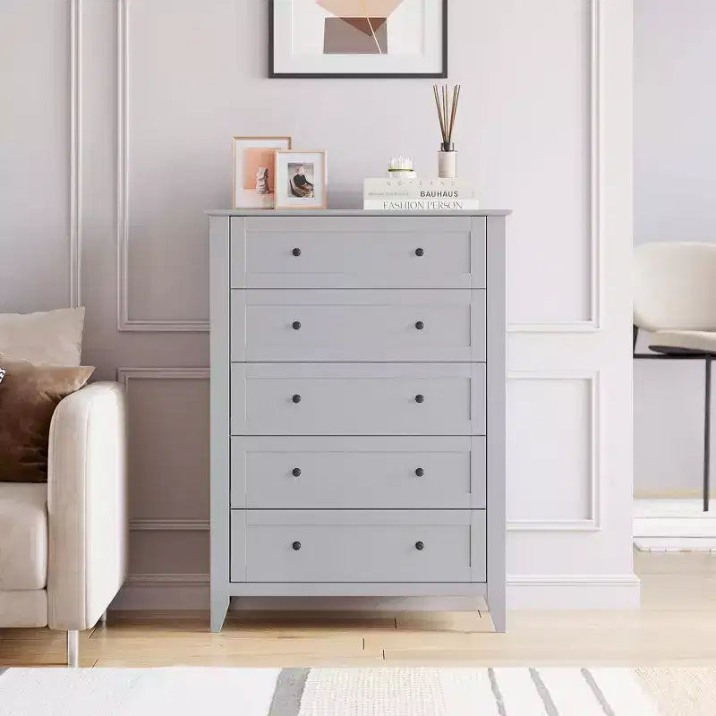 Commode GustoWave 5 tiroirs, organisateur de rangement en bois avec tiroirs pour chambre, salon, entrée, gris
