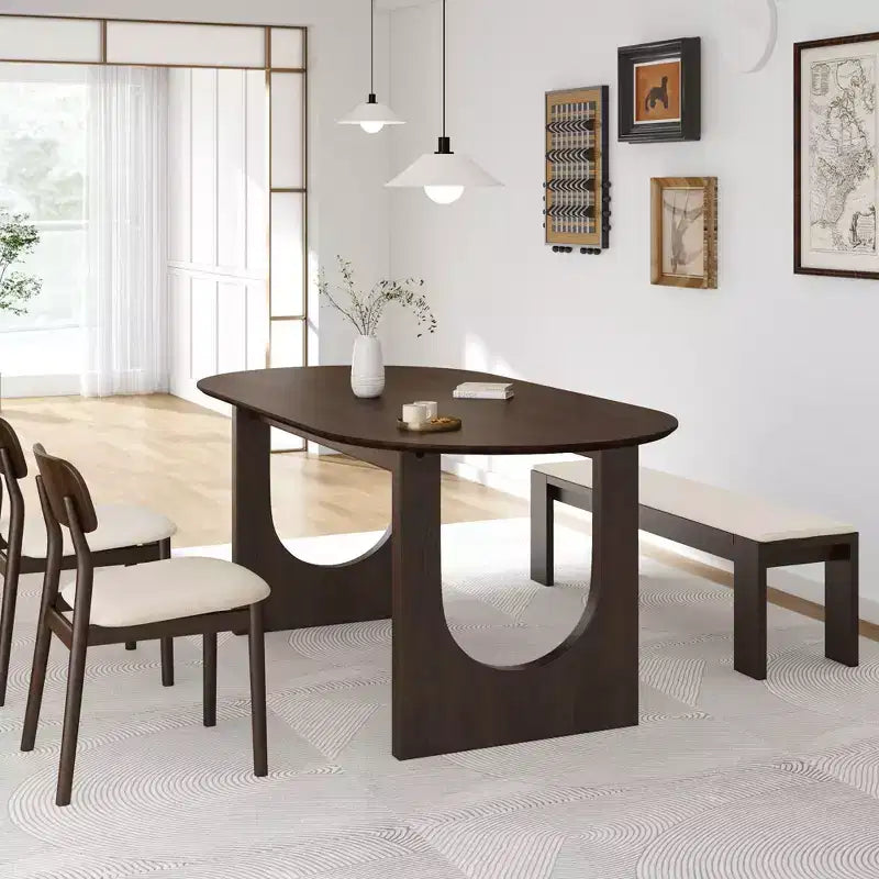 Table à manger ovale PexFix 67 x 33,5 en bois massif de noyer avec pieds arqués, moderne pour salle à manger