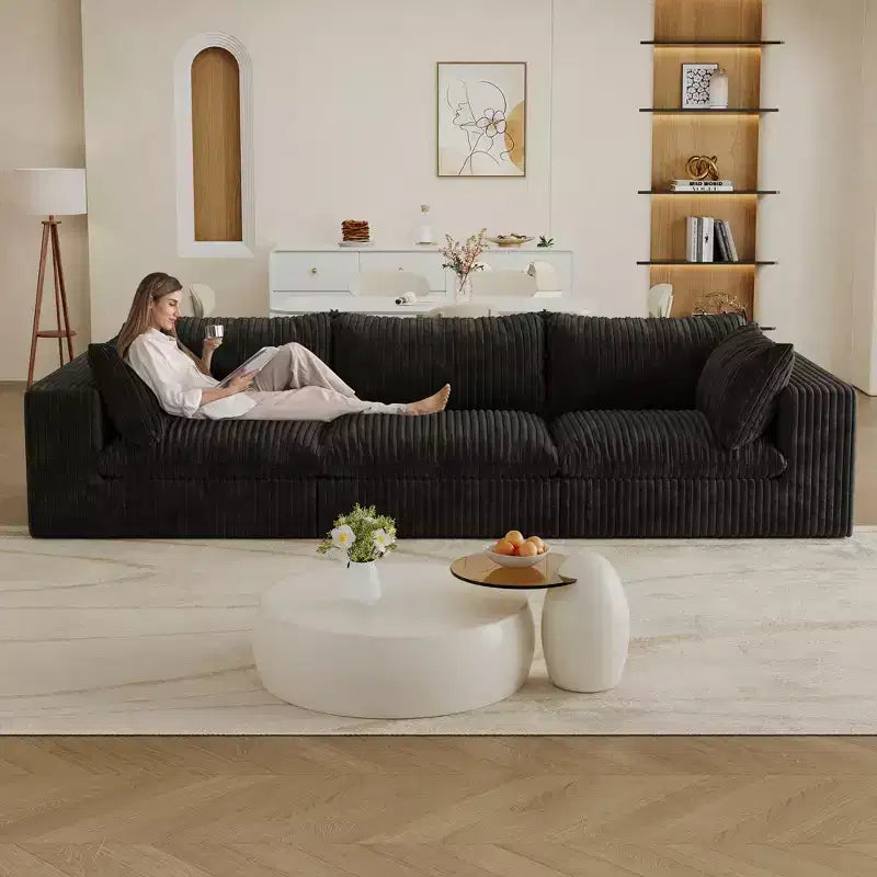 118.2 Blue Corduroy Fabric Deep Seat Couches Cloud Sofa for Living room Double-layer design Removable Cushion No Assembly