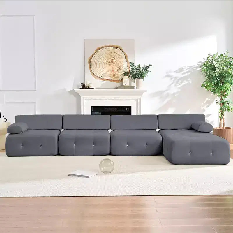 Mjkone Canapé d'angle en velours, canapé modulaire 4 places avec pouf, canapé convertible avec bordure cloutée
