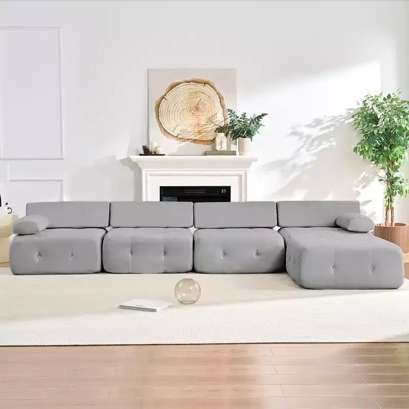 Mjkone Canapé d'angle en velours, canapé modulaire 4 places avec pouf, canapé convertible avec bordure cloutée