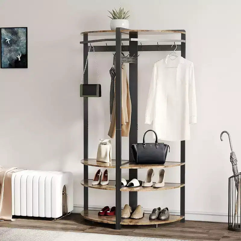 Organisateur d'entrée d'angle, porte-manteau à 6 doubles crochets avec banc de rangement, meuble d'entrée peu encombrant pour les petites maisons et appartements