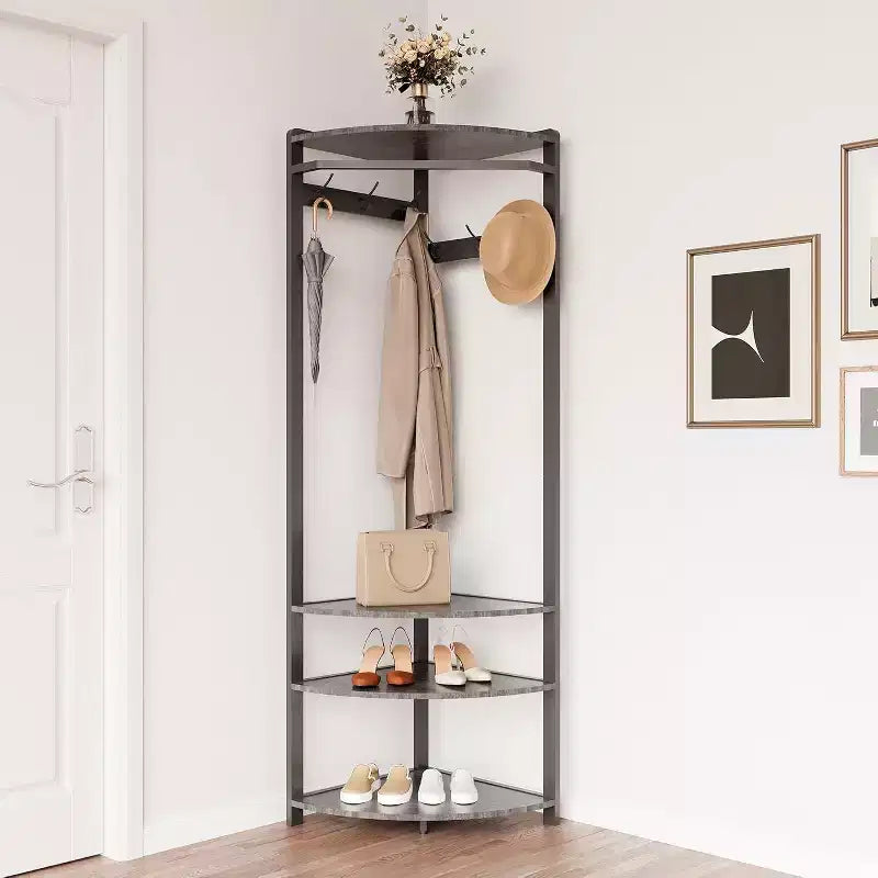 Organisateur d'entrée d'angle, porte-manteau à 6 doubles crochets avec banc de rangement, meuble d'entrée peu encombrant pour les petites maisons et appartements