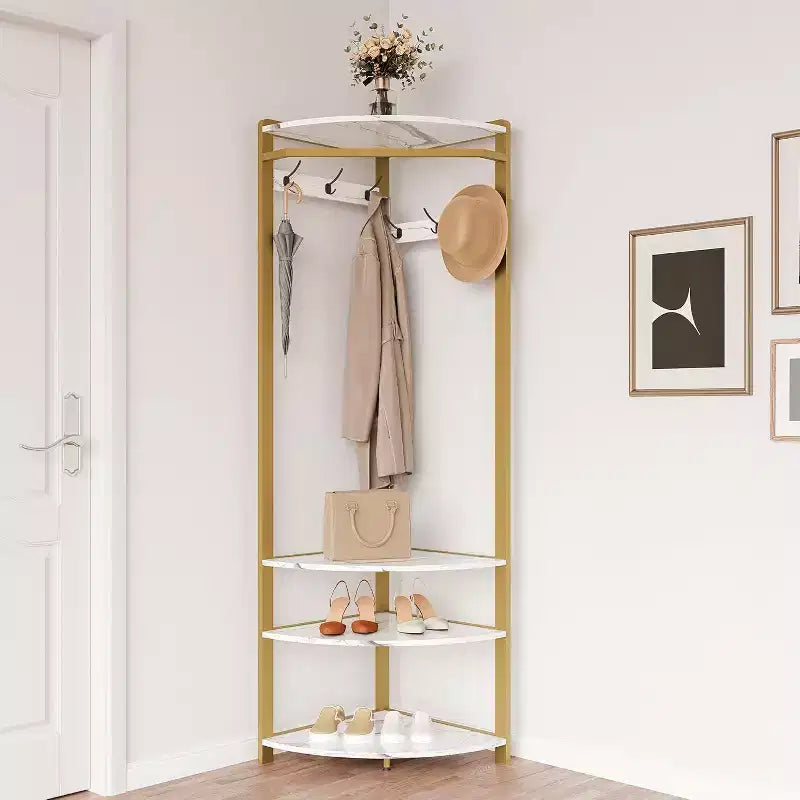 Organisateur d'entrée d'angle, porte-manteau à 6 doubles crochets avec banc de rangement, meuble d'entrée peu encombrant pour les petites maisons et appartements
