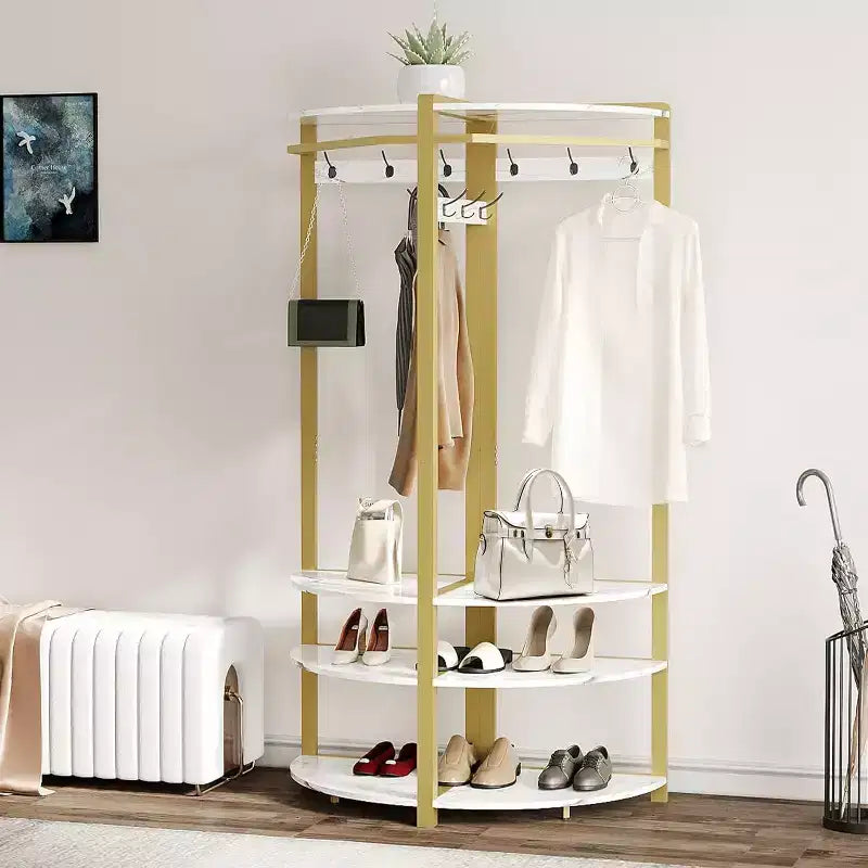 Organisateur d'entrée d'angle, porte-manteau à 6 doubles crochets avec banc de rangement, meuble d'entrée peu encombrant pour les petites maisons et appartements