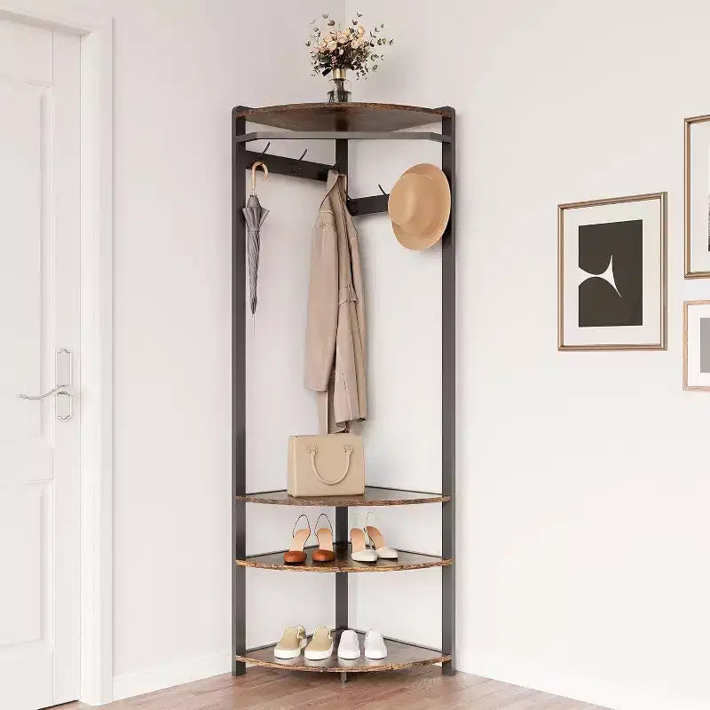 Organisateur d'entrée d'angle, porte-manteau à 6 doubles crochets avec banc de rangement, meuble d'entrée peu encombrant pour les petites maisons et appartements