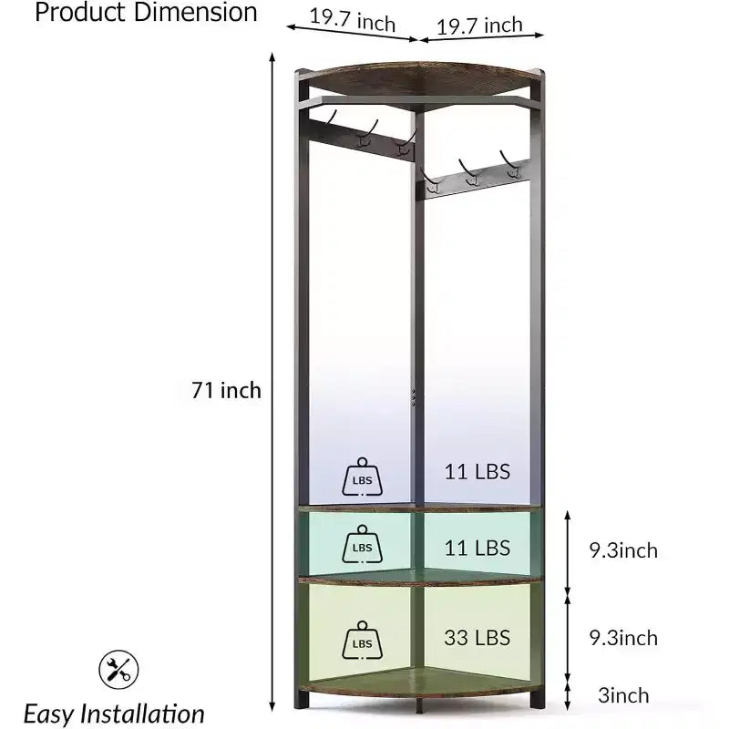 Organisateur d'entrée d'angle, porte-manteau à 6 doubles crochets avec banc de rangement, meuble d'entrée peu encombrant pour les petites maisons et appartements