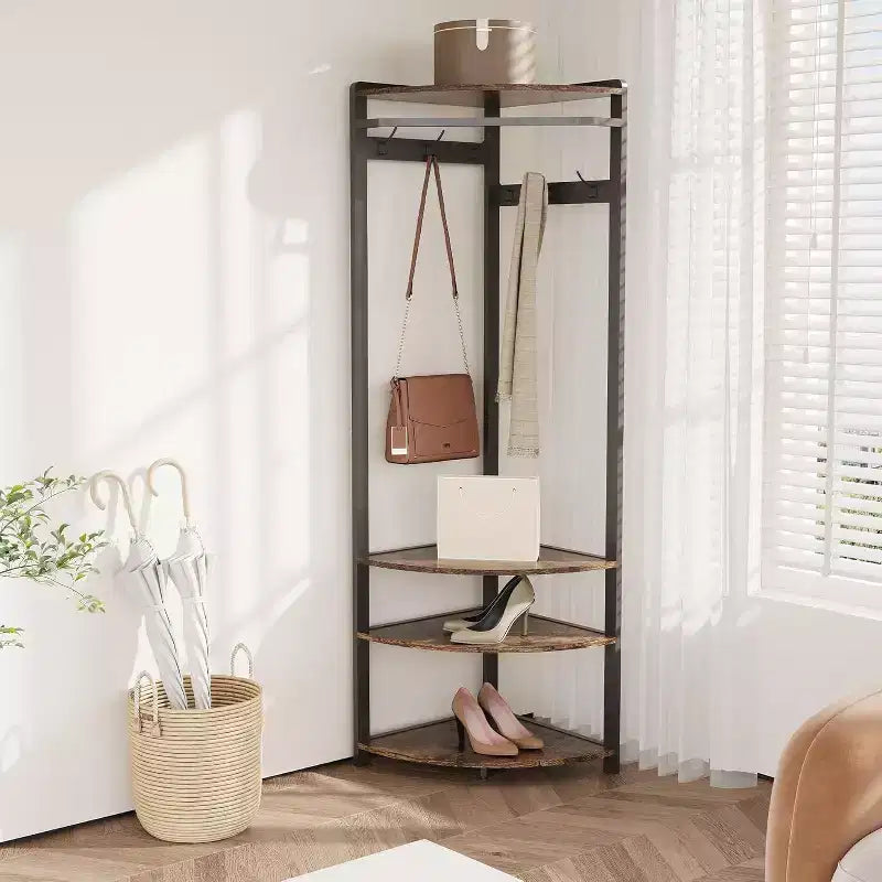 Organisateur d'entrée d'angle, porte-manteau à 6 doubles crochets avec banc de rangement, meuble d'entrée peu encombrant pour les petites maisons et appartements