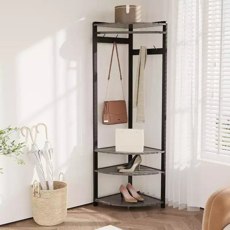 Organisateur d'entrée d'angle, porte-manteau à 6 doubles crochets avec banc de rangement, meuble d'entrée peu encombrant pour les petites maisons et appartements