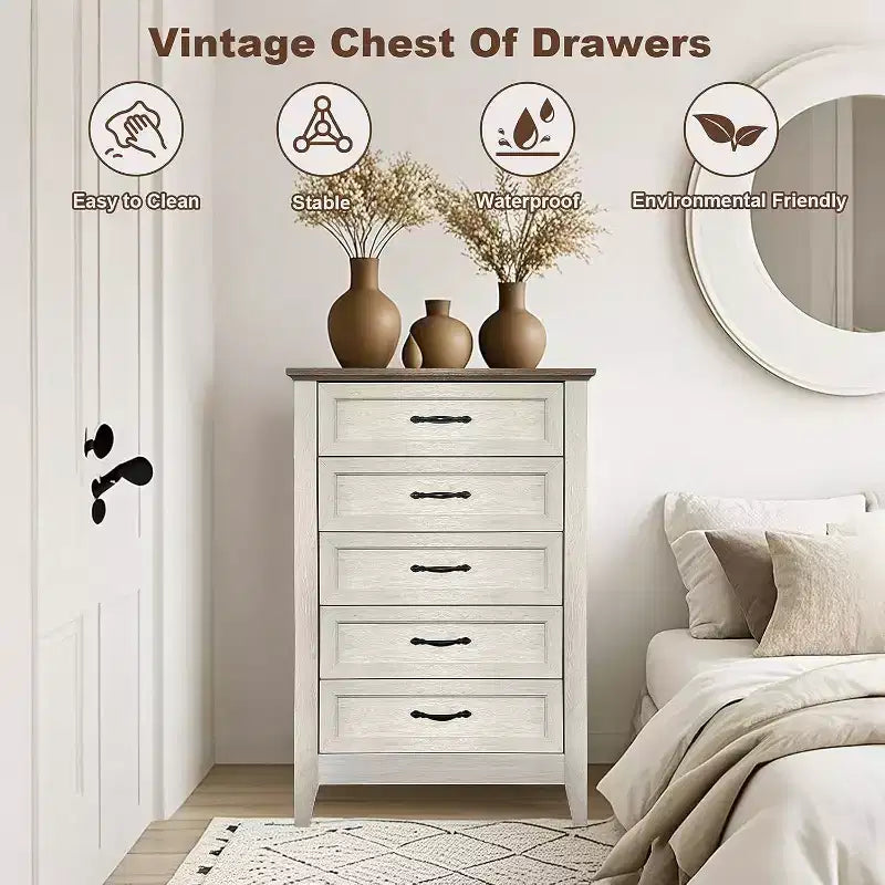 Acekool Commode à 5 tiroirs, armoire haute de style fermier avec poignées en métal, organiseur moderne en bois pour chambre, salon, entrée