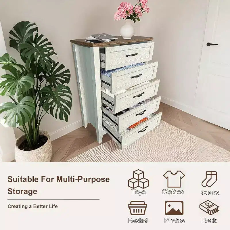 Acekool Commode à 5 tiroirs, armoire haute de style fermier avec poignées en métal, organiseur moderne en bois pour chambre, salon, entrée