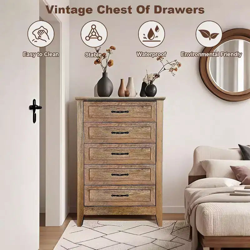 Acekool Commode à 5 tiroirs, armoire haute de style fermier avec poignées en métal, organiseur moderne en bois pour chambre, salon, entrée
