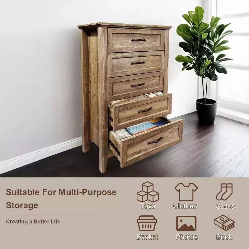 Acekool Commode à 5 tiroirs, armoire haute de style fermier avec poignées en métal, organiseur moderne en bois pour chambre, salon, entrée