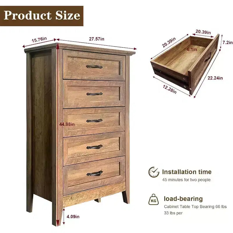 Acekool Commode à 5 tiroirs, armoire haute de style fermier avec poignées en métal, organiseur moderne en bois pour chambre, salon, entrée
