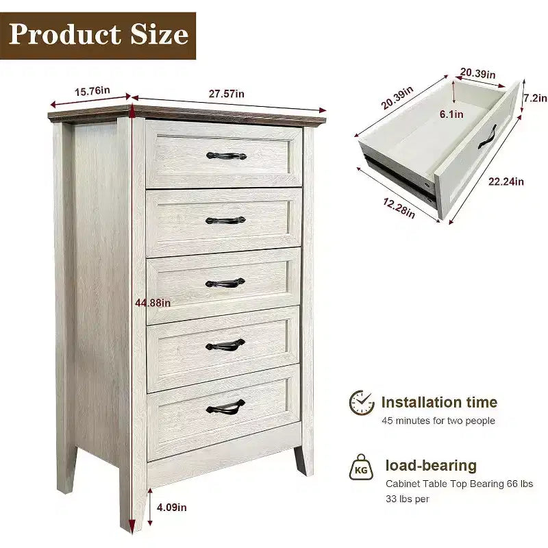 Acekool Commode à 5 tiroirs, armoire haute de style fermier avec poignées en métal, organiseur moderne en bois pour chambre, salon, entrée
