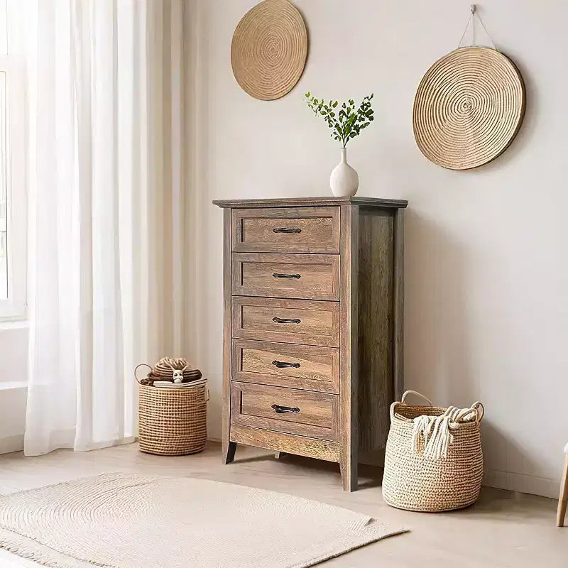 Acekool 5 Drawer Dresser, Farmhouse Tall Chest with Metal Handles, Modern Wooden Organizer for Bedroom, Living Room, Entryway