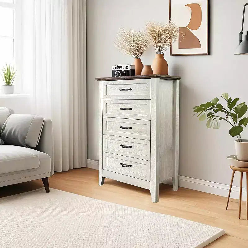 Acekool Commode à 5 tiroirs, armoire haute de style fermier avec poignées en métal, organiseur moderne en bois pour chambre, salon, entrée