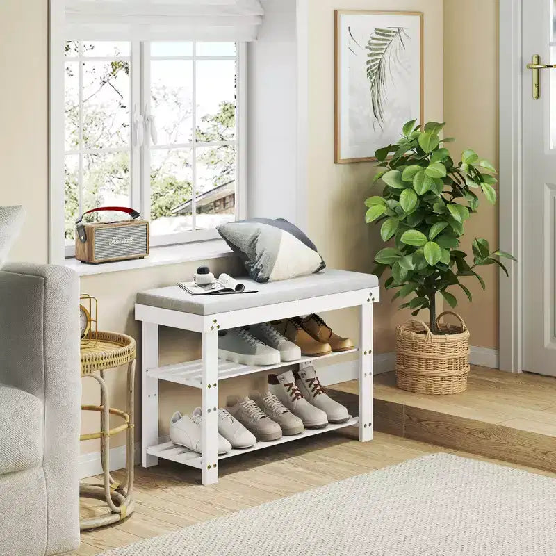 MAYEERTY 3 Tier Shoe Racks Bamboo Shoe Bench Entryway with Cushion and Adjustable Shelves for Hallway Mudroom living Room White