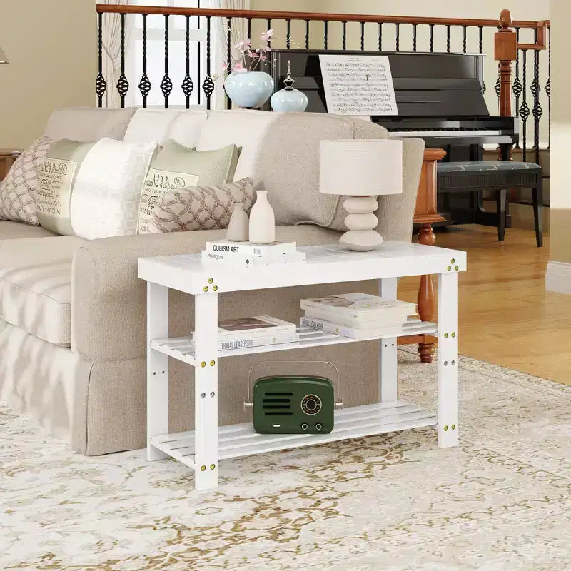 MAYEERTY Banc à Chaussures 3 Niveaux en Bambou avec Coussin et Étagères Réglables pour Entrée, Vestibule, Salon, Blanc