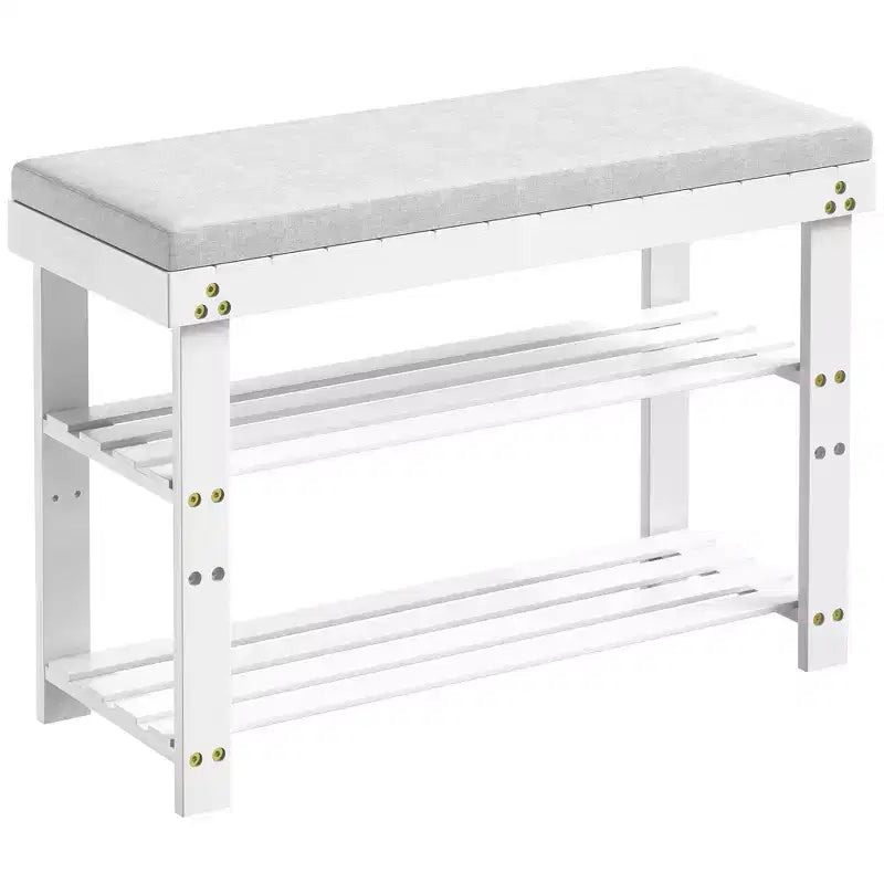 MAYEERTY Banc à Chaussures 3 Niveaux en Bambou avec Coussin et Étagères Réglables pour Entrée, Vestibule, Salon, Blanc
