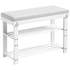 MAYEERTY Banc à Chaussures 3 Niveaux en Bambou avec Coussin et Étagères Réglables pour Entrée, Vestibule, Salon, Blanc