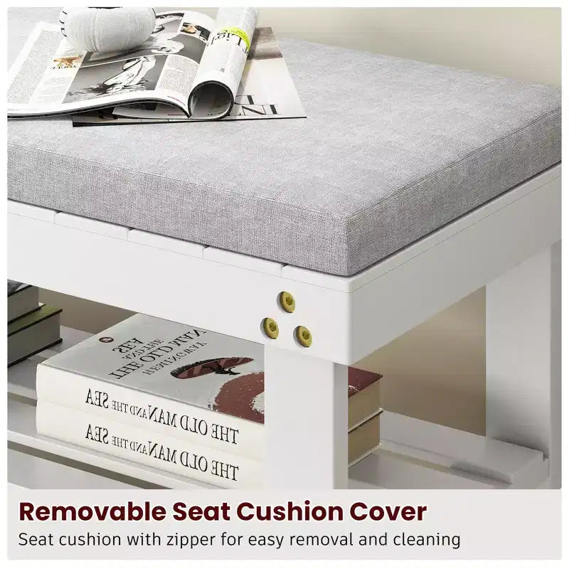MAYEERTY Banc à Chaussures 3 Niveaux en Bambou avec Coussin et Étagères Réglables pour Entrée, Vestibule, Salon, Blanc