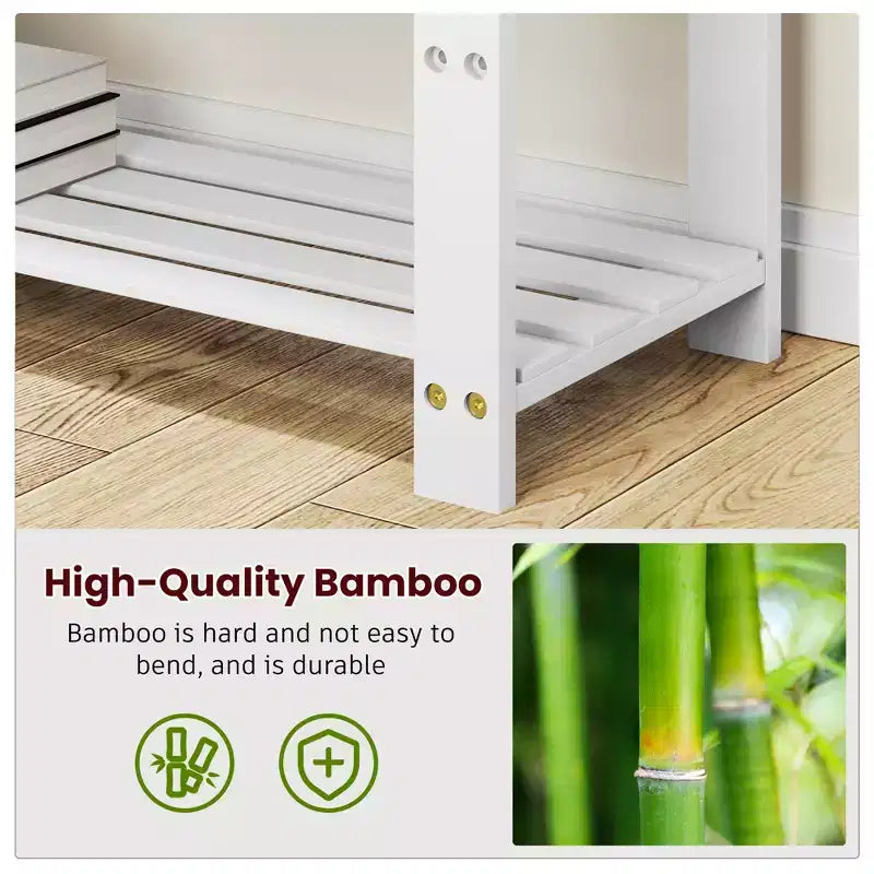 MAYEERTY Banc à Chaussures 3 Niveaux en Bambou avec Coussin et Étagères Réglables pour Entrée, Vestibule, Salon, Blanc