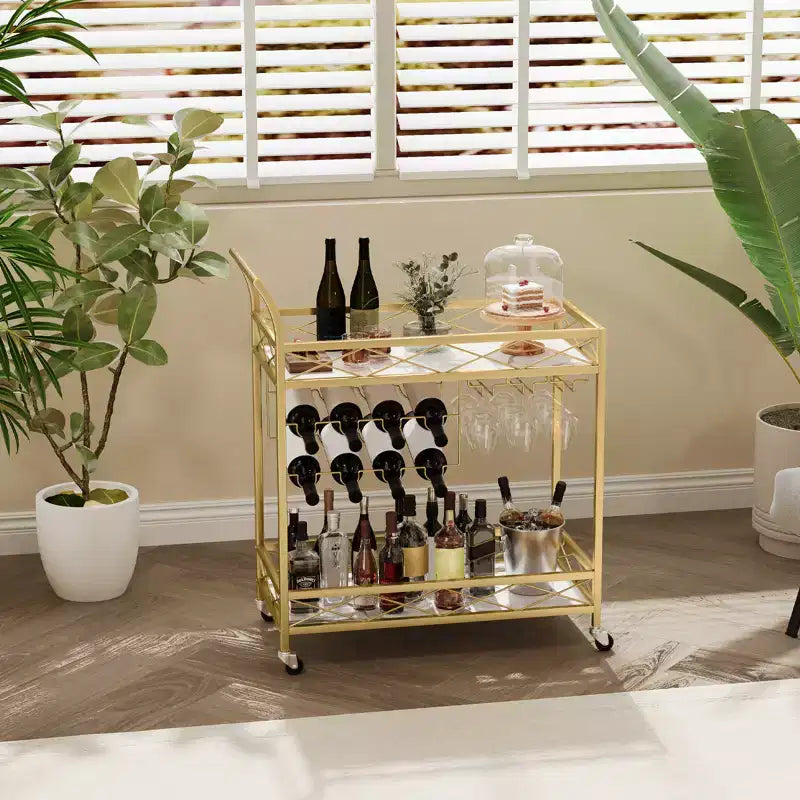 Bar Cart, 2-Tier Home Bar Serving Cart, Mobile Beverage Cart with Wine Racks, Glass Holders, Rolling Wine Cart for Kitchen, Dining Living Room, Gold
